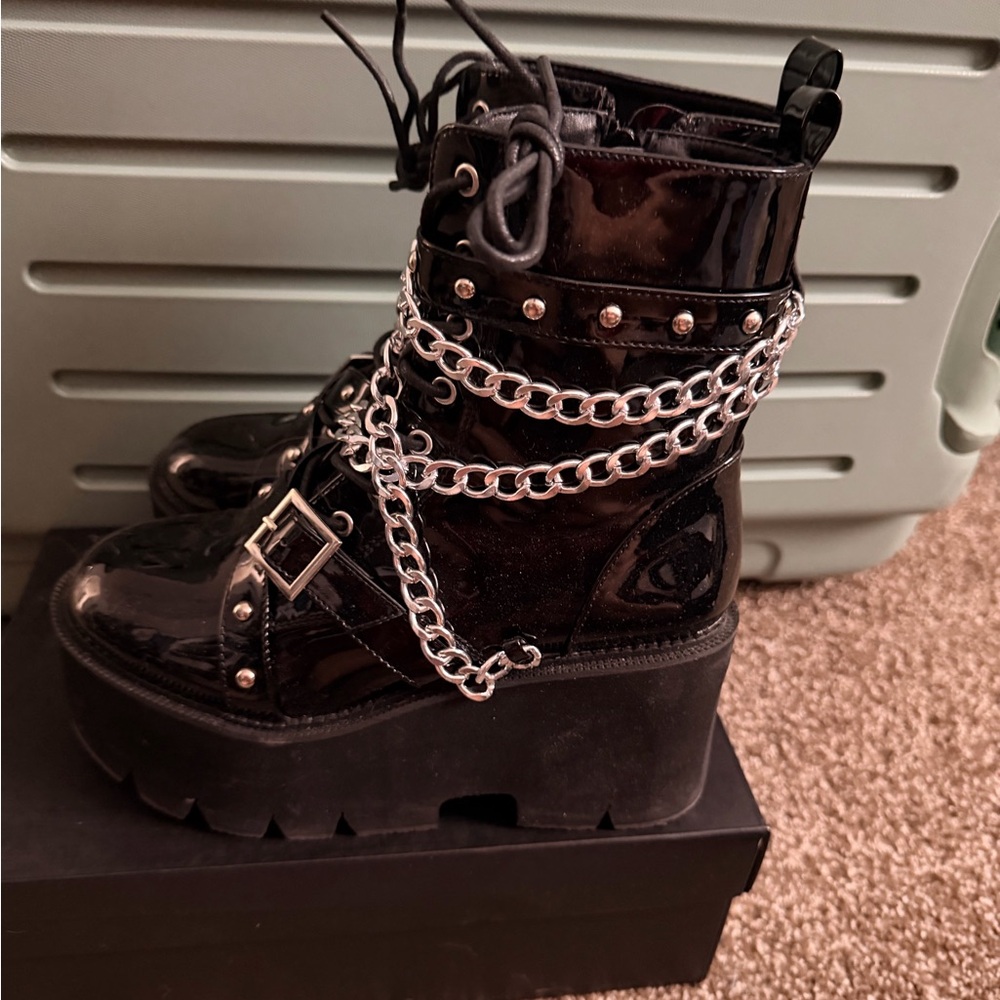 Black Platform Combat Boots with Chains